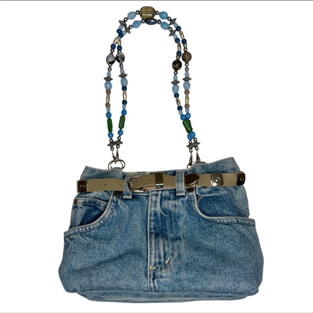 Upcycled Handmade Denim Handbag w/Grey Belt & 2 Beaded Handles